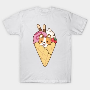 Cute Corgi in the Waffle with Strawberry Ice Cream & Chocolate Stick T-Shirt